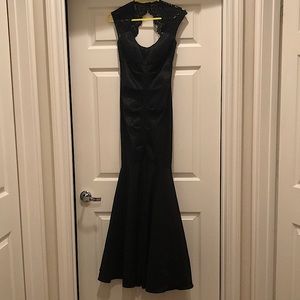 Cache Black Long Formal Gown with Lace Neckline